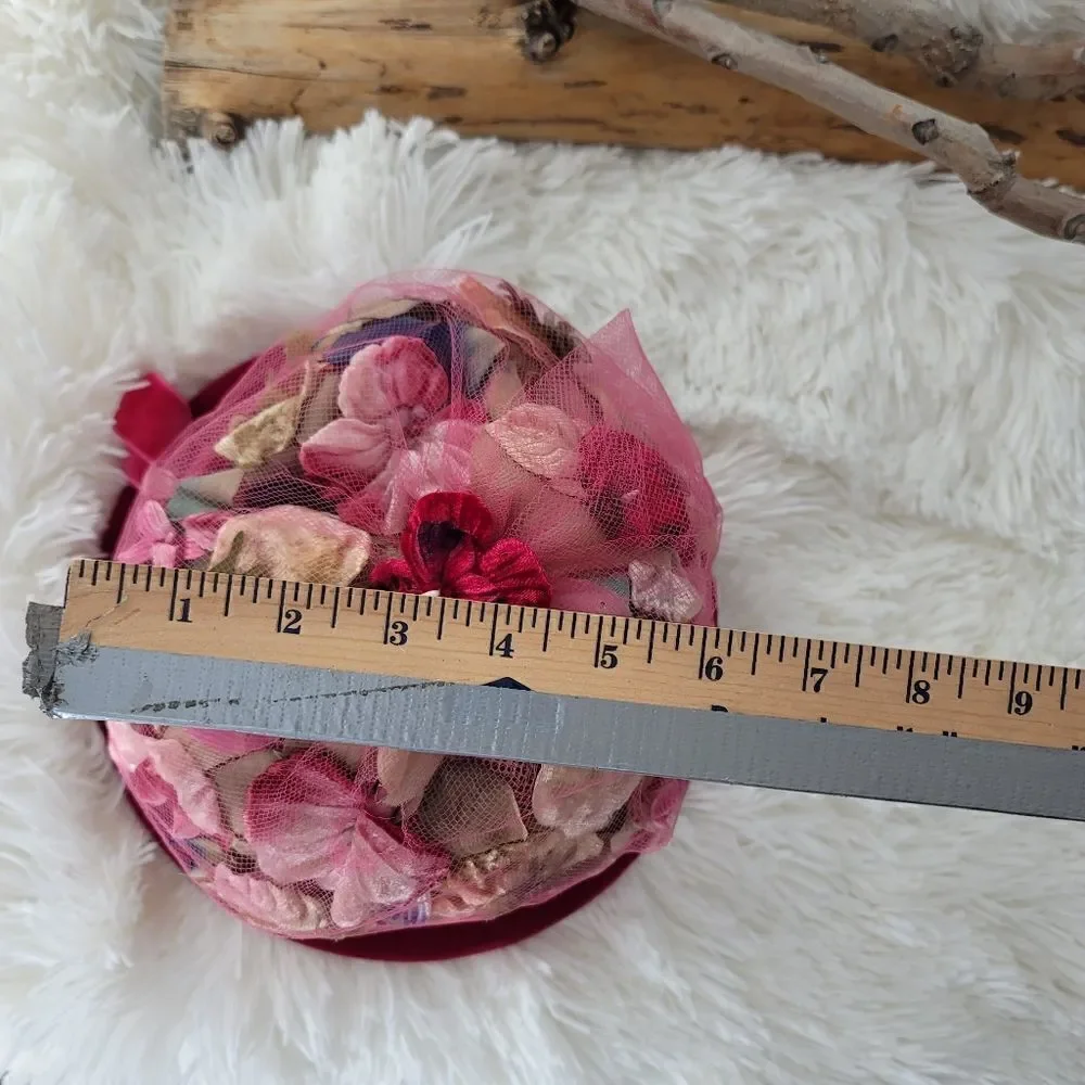 Vintage 1950s originals by Lee Bury of Dallas flower mesh and velvet hat pink - Picture 10 of 11